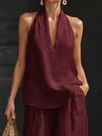 Full Size Halter Neck Top Wide Leg Pants Set Plus (13)