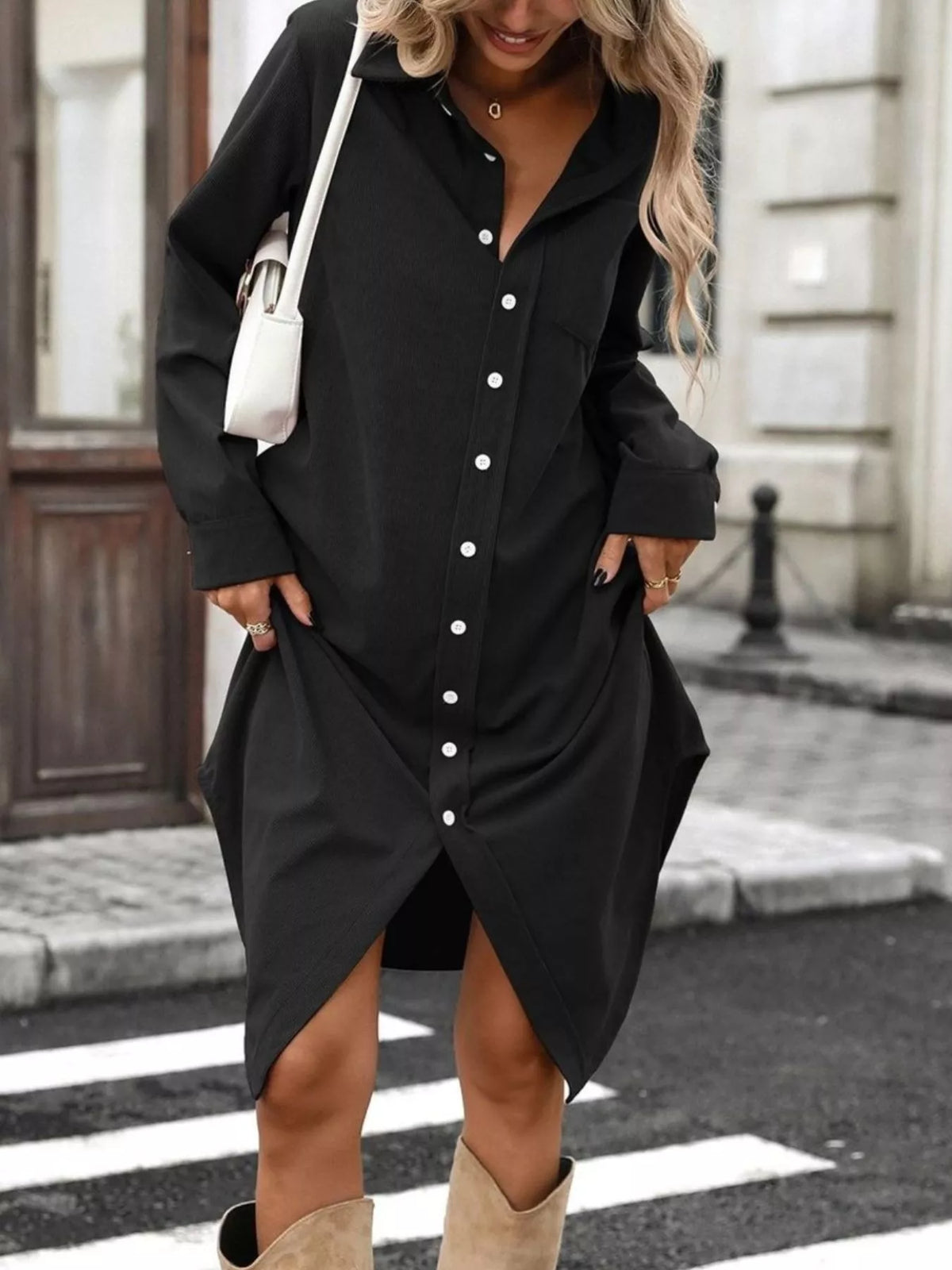 Corduroy Shirt Dress Button-down Front (22)