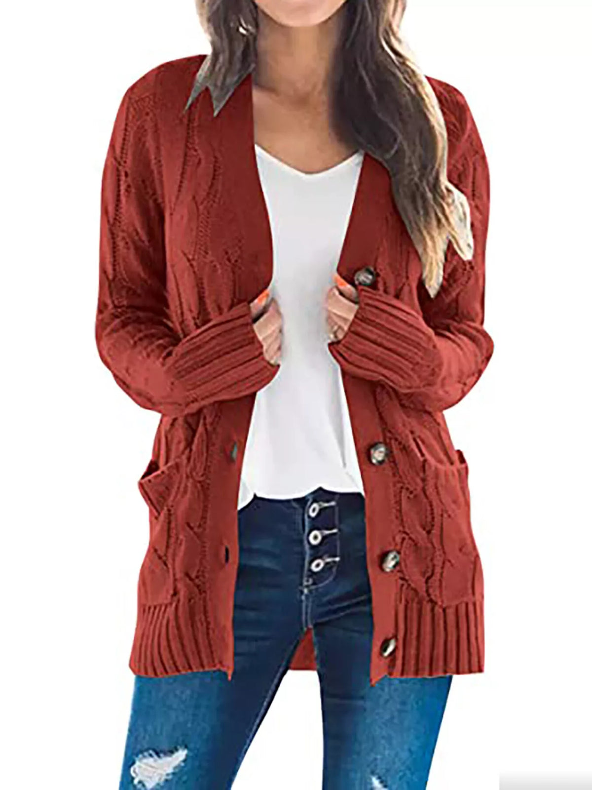 Full Size Chunky Cable Knit Button-down Cardigan Plus (8)