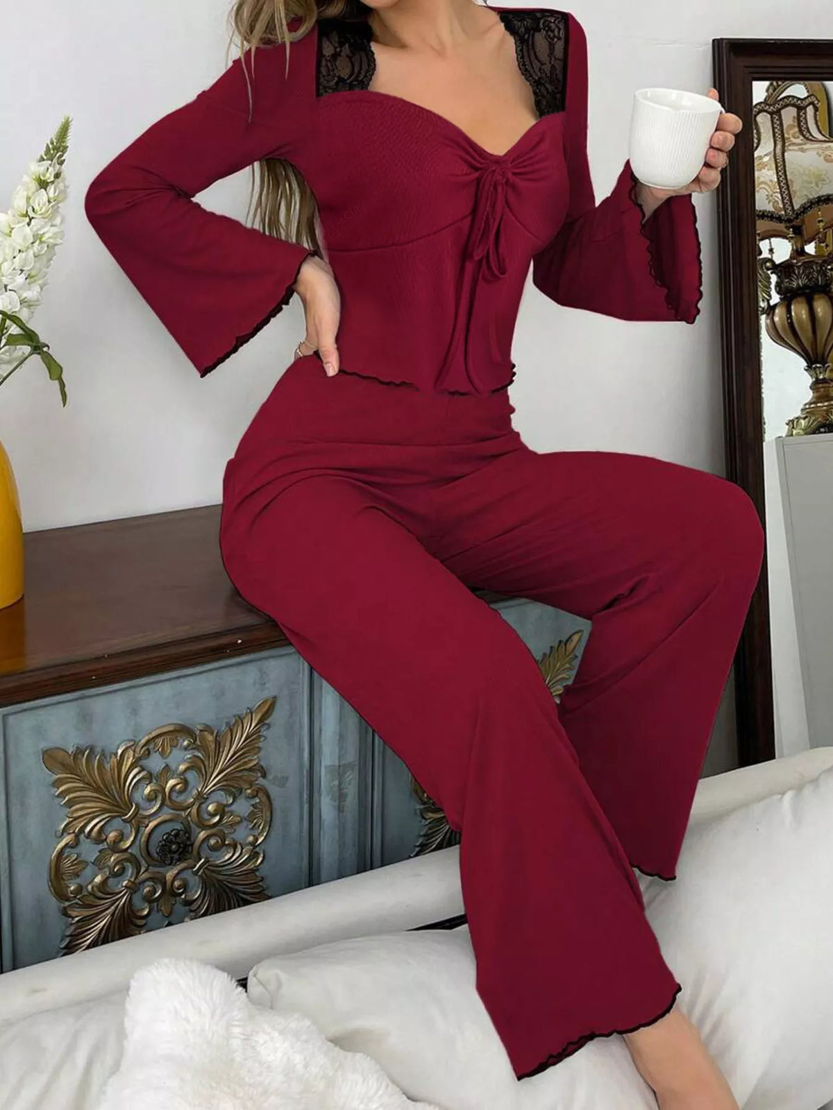 Lace Detail Flare Sleeves Top Pants Lounge Set (12)