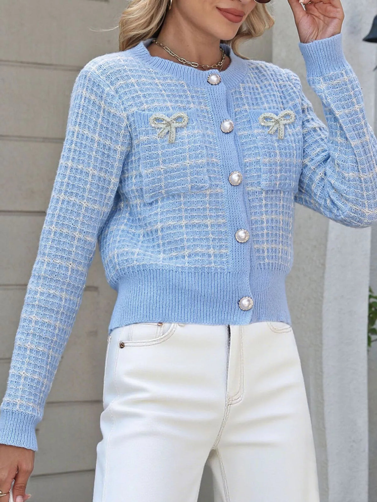 Tweed-style Bow Button-down Cardigan (6)