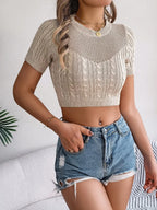 Cable Knit Openwork Round Neck Top (12)