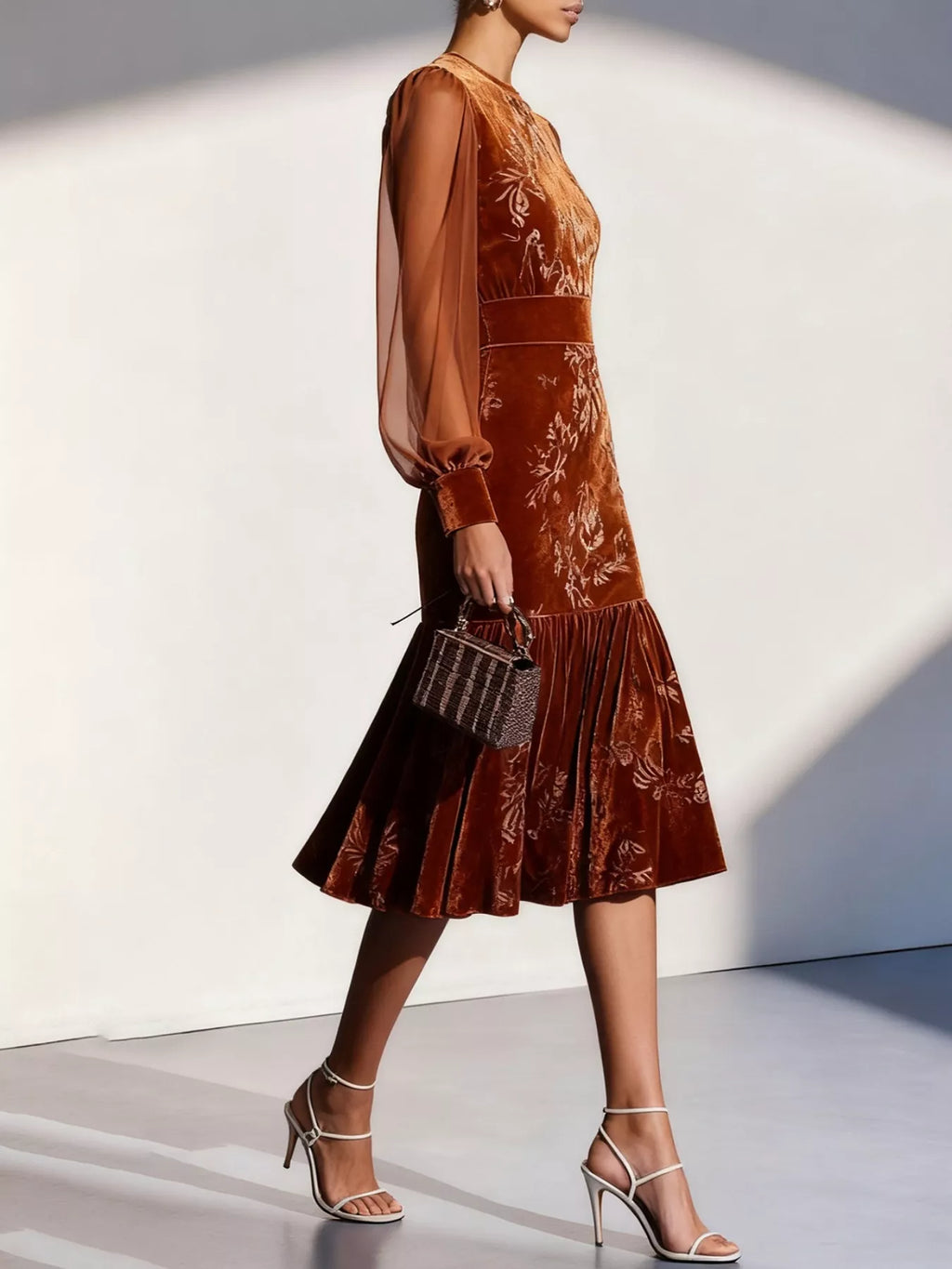 Velvet Floral Lantern Sleeve Midi Dress (2)