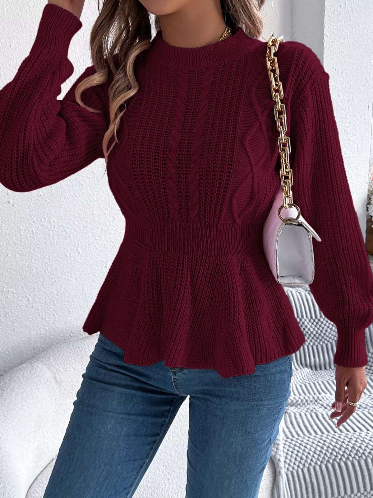 Cable Knit Round Neck Peplum Sweater (16)