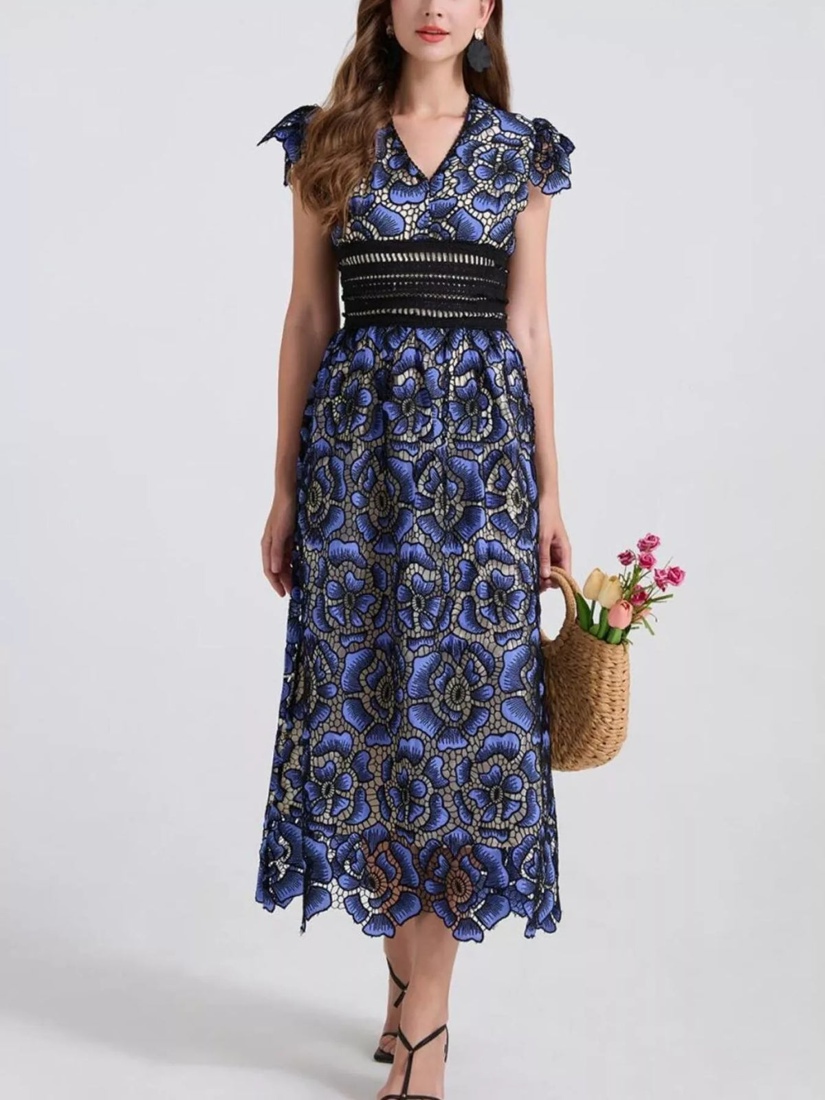 Printed V-neck Ruffle Sleeve Midi Dress (3)