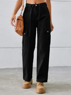 Drawstring Mid-rise Waist Straight Cargo Jeans (4)