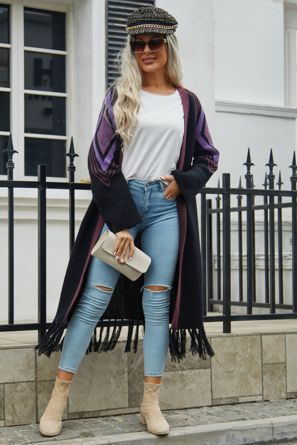 Geometric Fringe Hem Open Front Duster Cardigan (17)