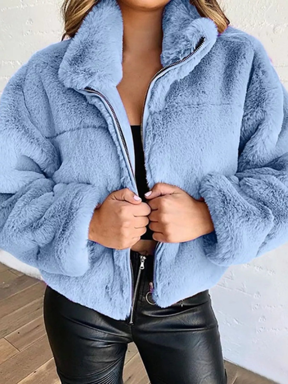 Full Size Faux Fur Cropped Zip-up Jacket Plus (10)