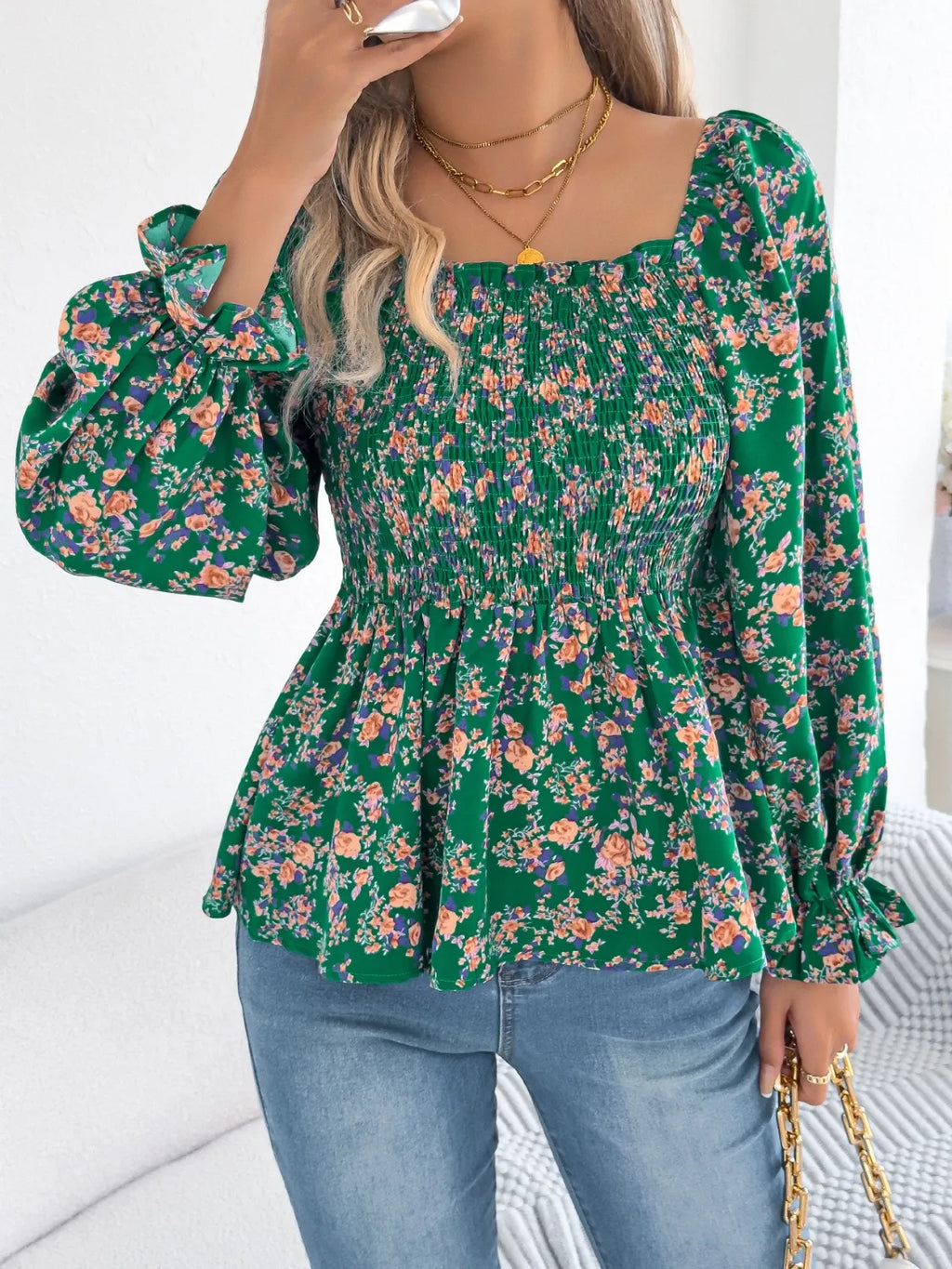 Floral Square Neck Flounce Sleeve Blouse (12)