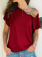 Asymmetrical Neck Short Sleeve T-shirt (23)
