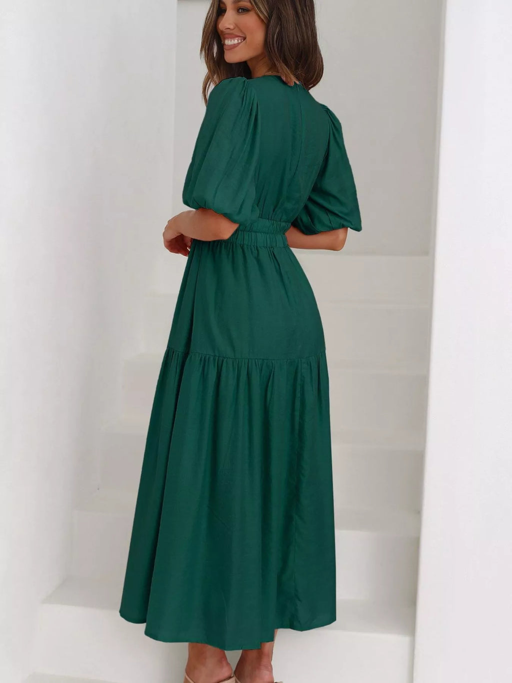 V-neck Puff Sleeve Midi Dress (27)