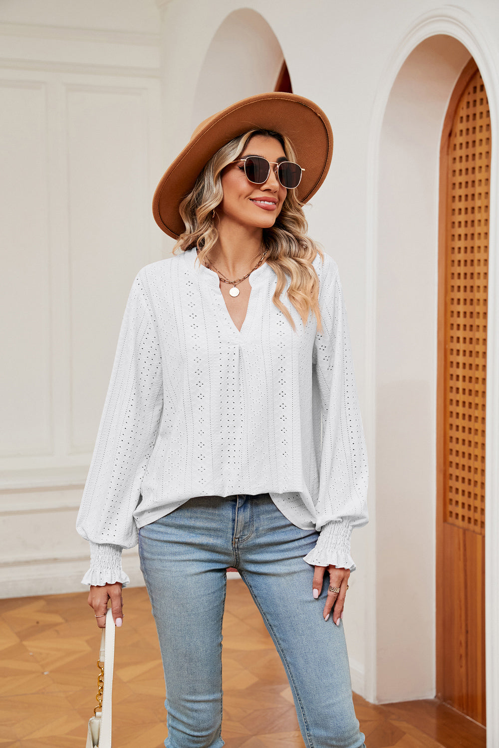 Notched Neck Flounce Sleeve Blouse (5)