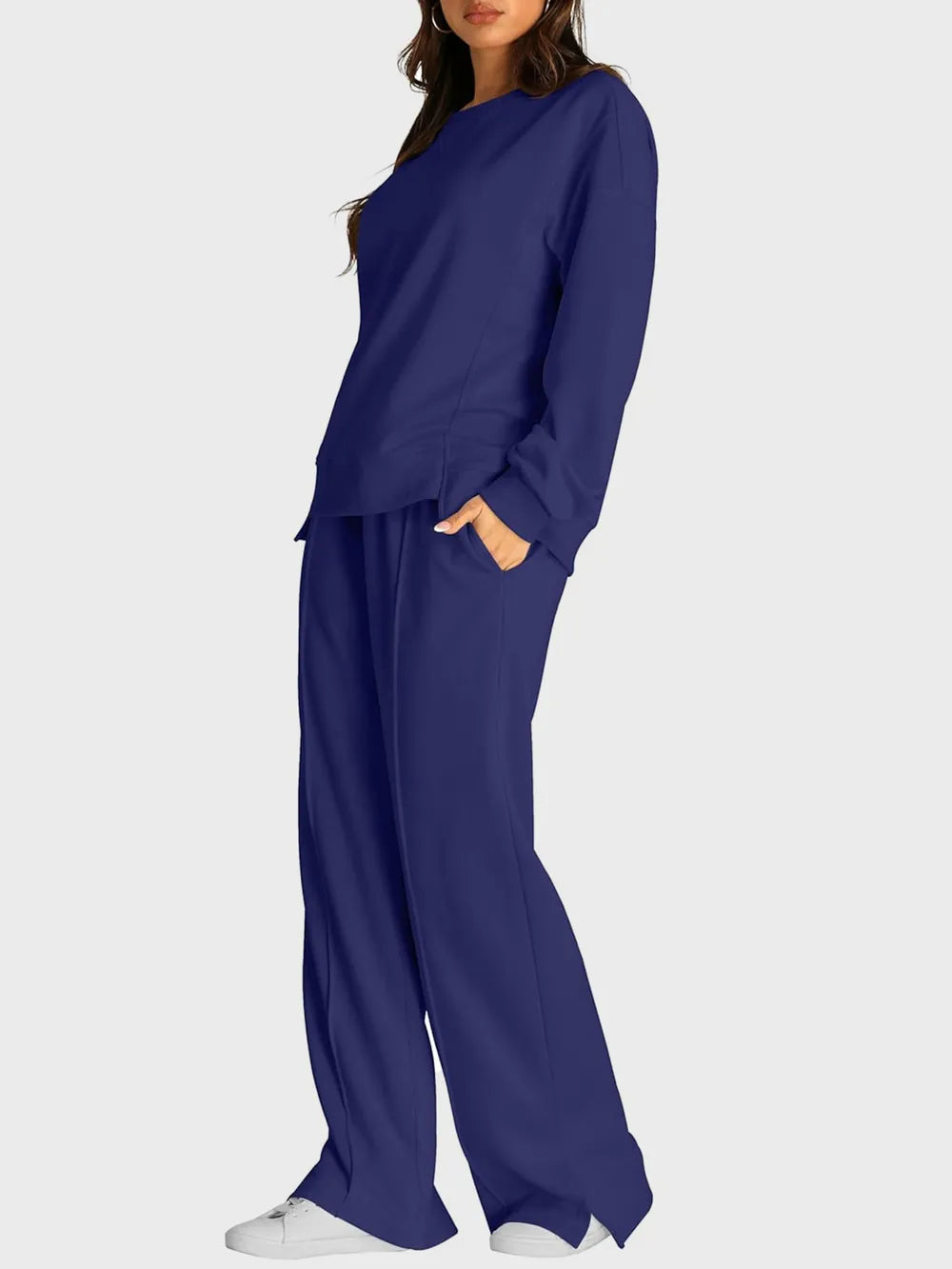 Round Neck Long Sleeve Top Slit Pants Set (15)