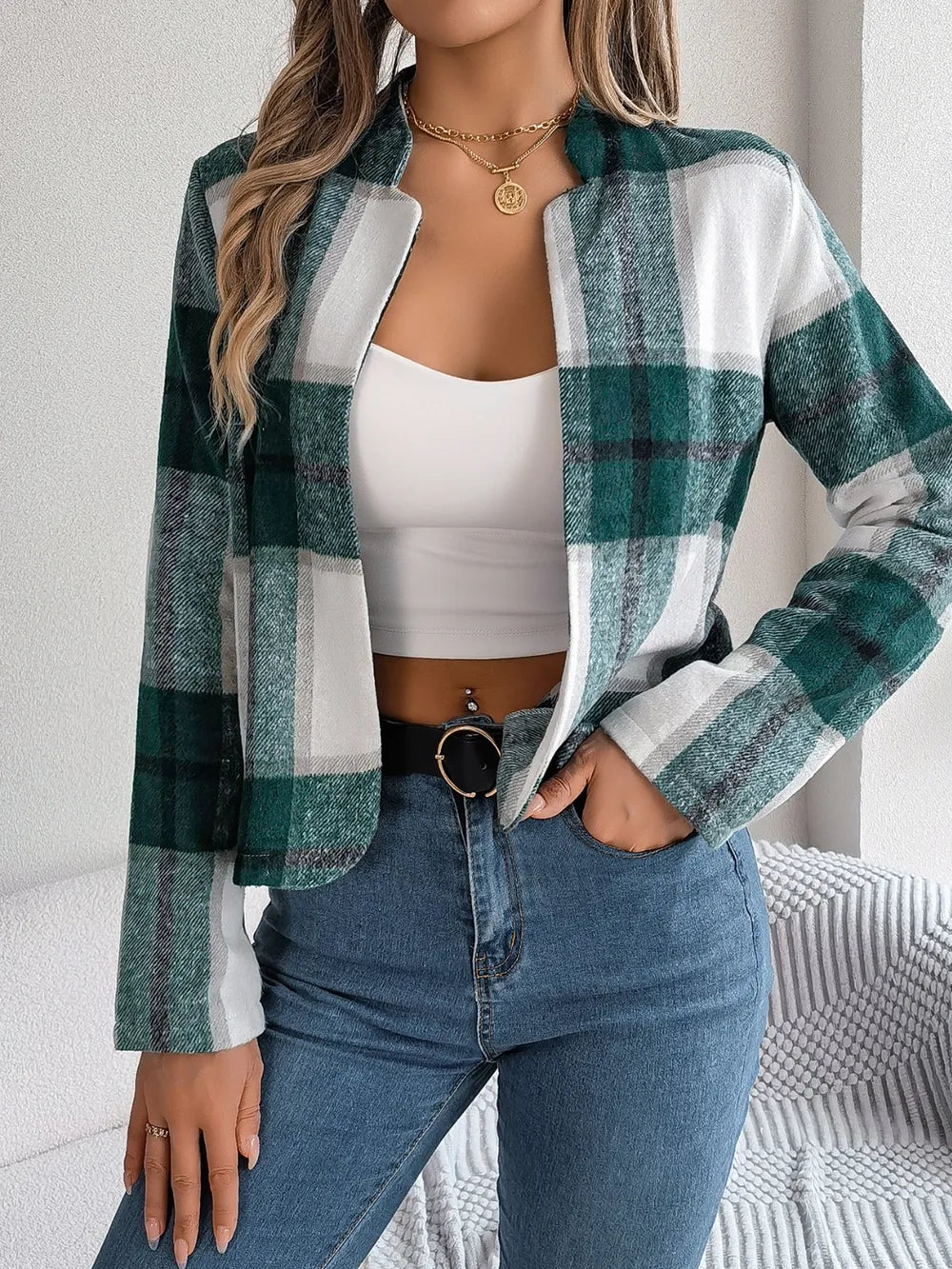 Plaid Open Front Long Sleeve Jacket (23)