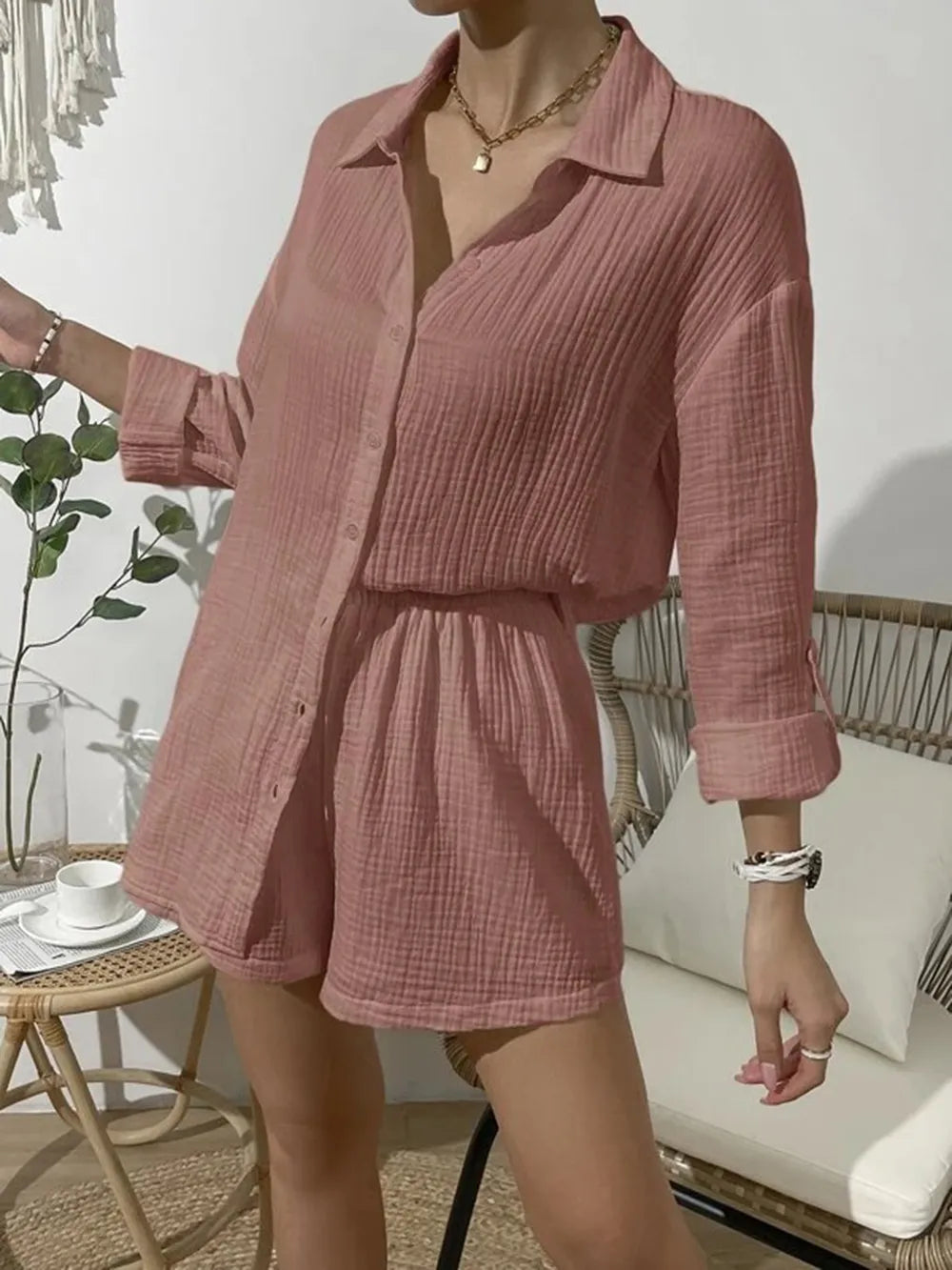 Dropped Shoulder Button Up Top Elastic Waist Shorts Set (24)