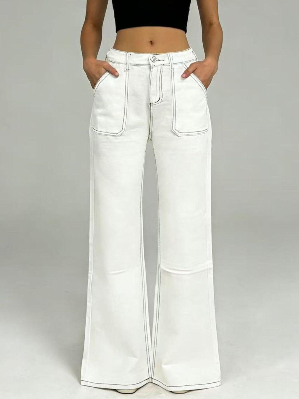 Wide Leg Contrast Stitching Jeans (3)