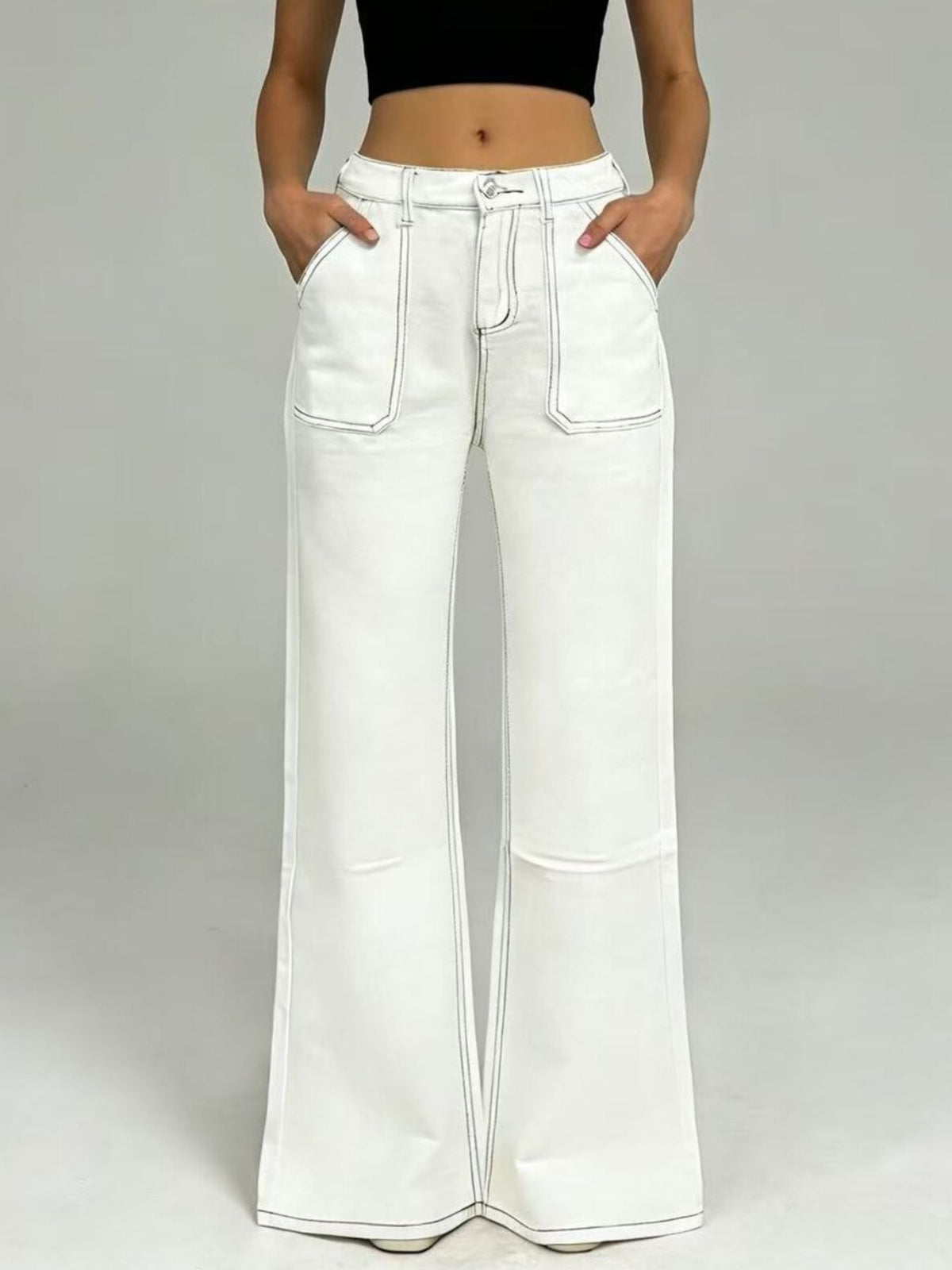 Wide Leg Contrast Stitching Jeans (3)