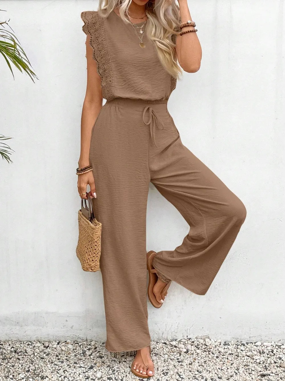 Lace Trim Round Neck Top Pants Set (23)
