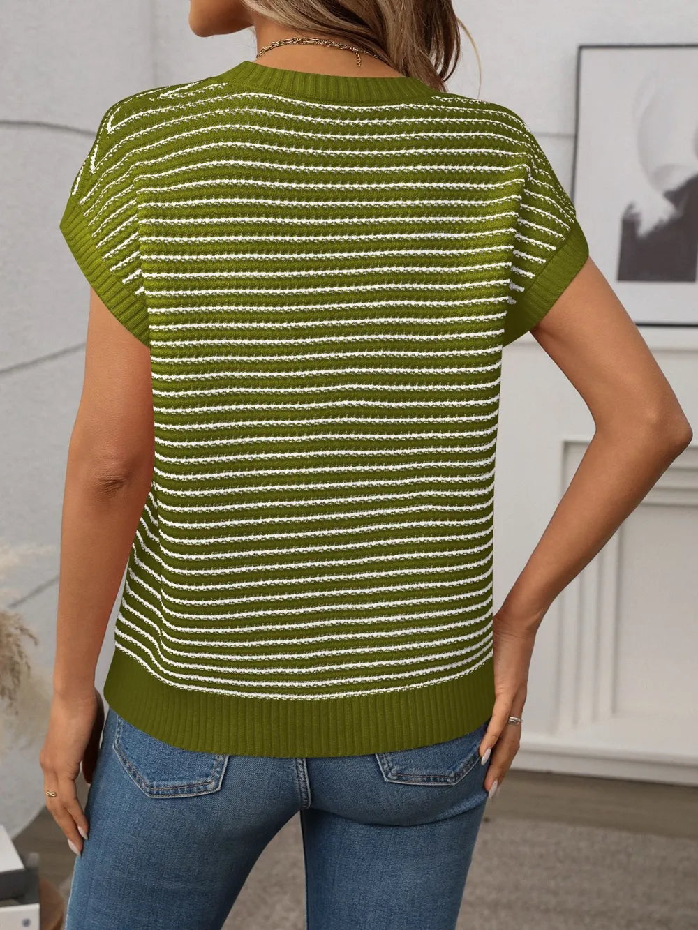Striped Round Neck Short Sleeve Knit Top (19)
