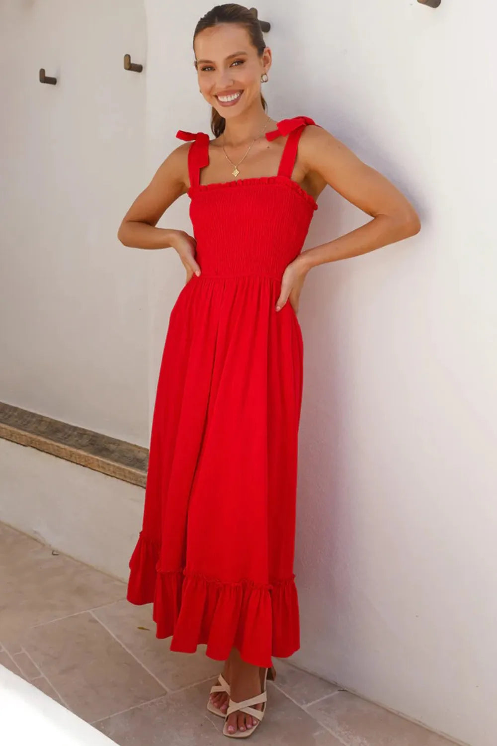 Ruffled Smocked Ruffle Hem Sleeveless Dress (16)