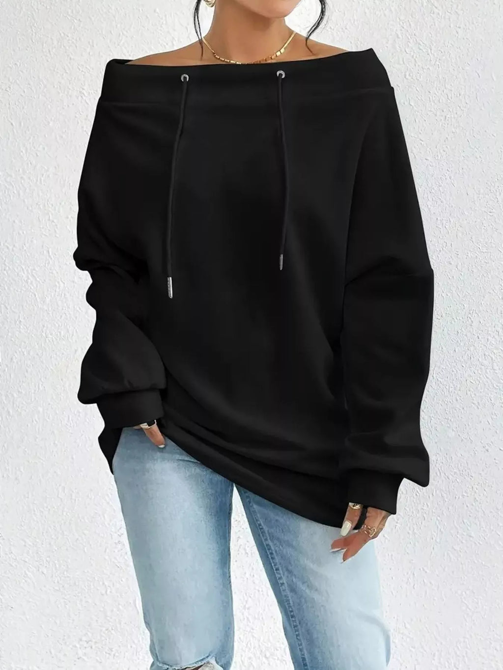 Off-shoulder Drawstring Sweatshirt (8)