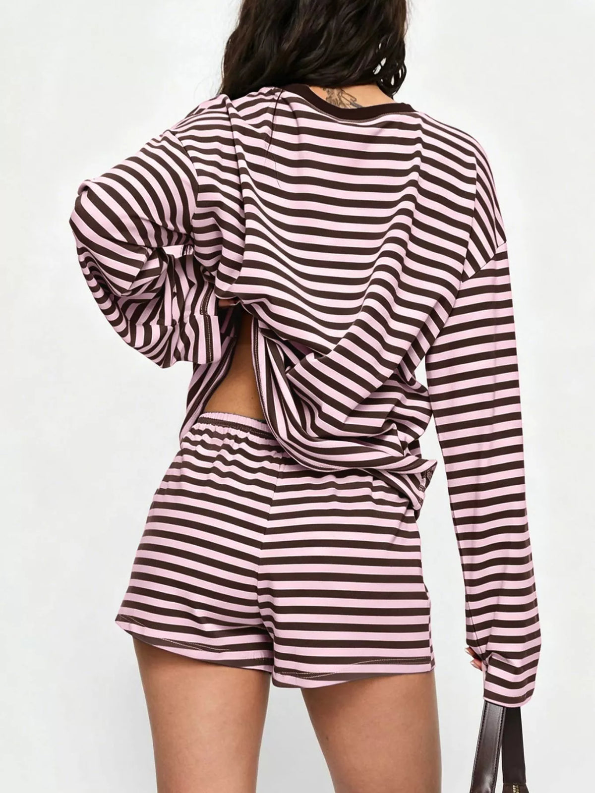 Striped Long-sleeve Top Shorts Set (8)