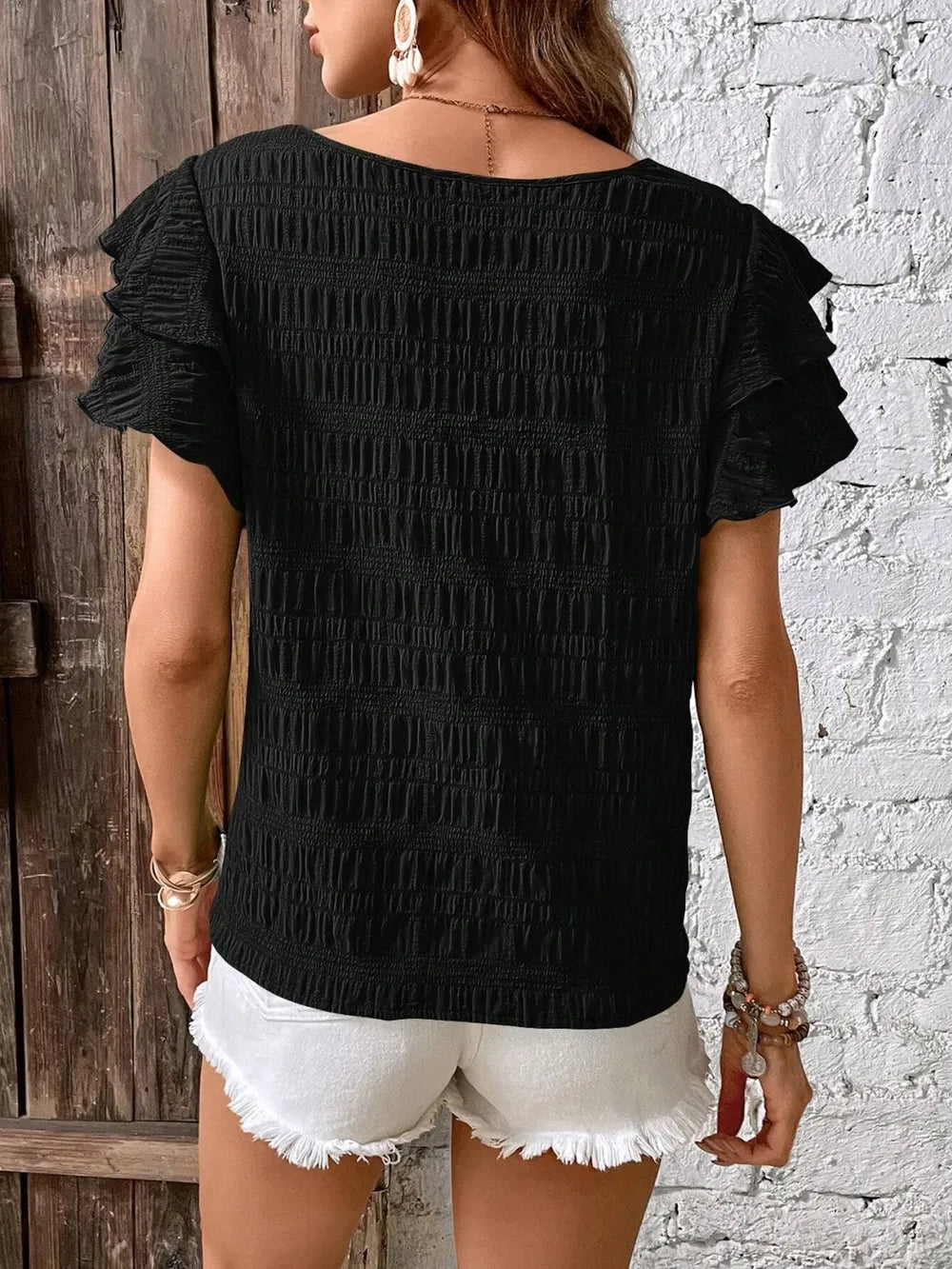 Round Neck Flounce Sleeve Blouse (7)