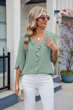Ruffled V-neck Three-quarter Sleeve Blouse (7)