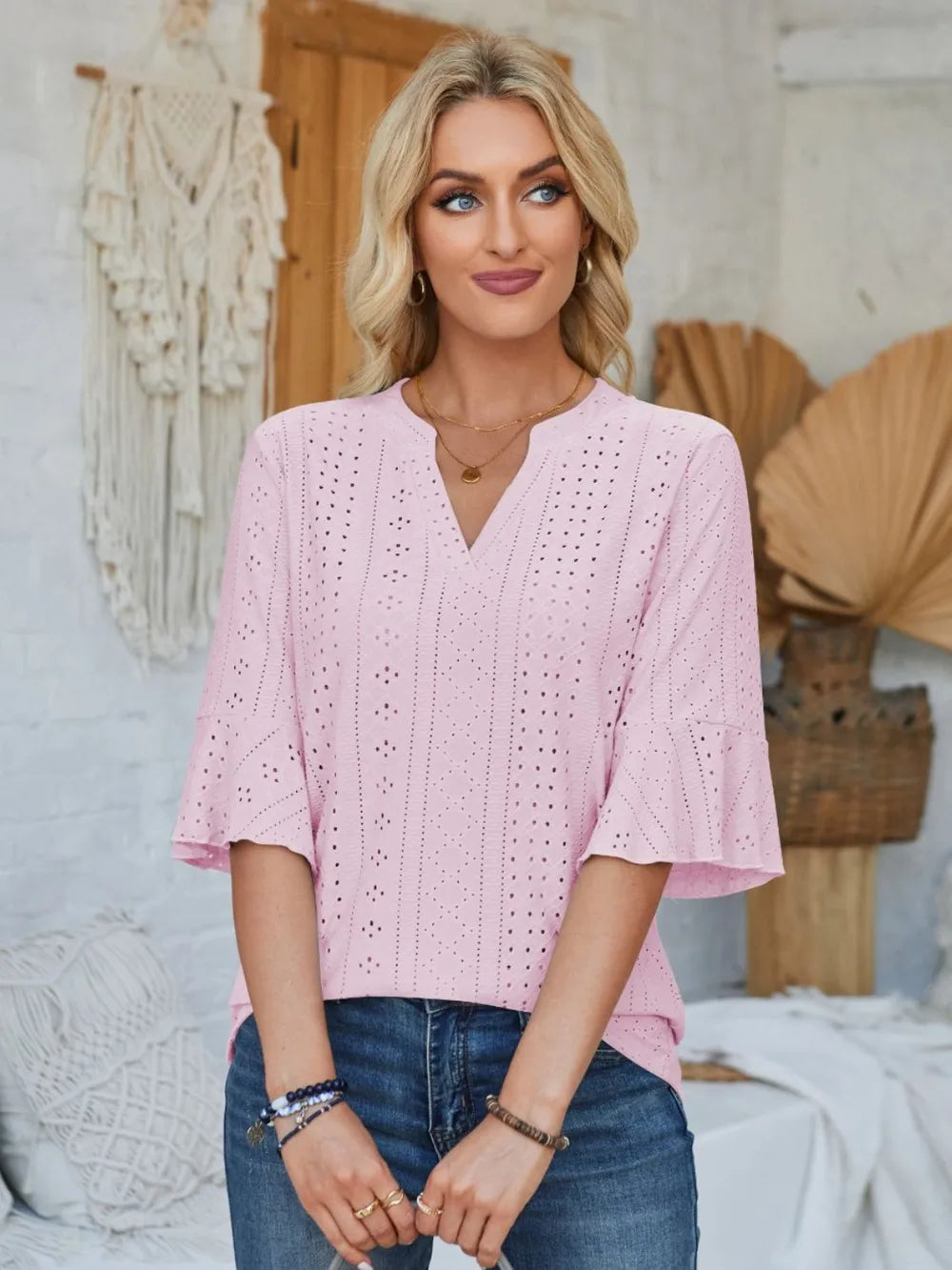 Eyelet Notched Half Sleeve T-shirt (8)