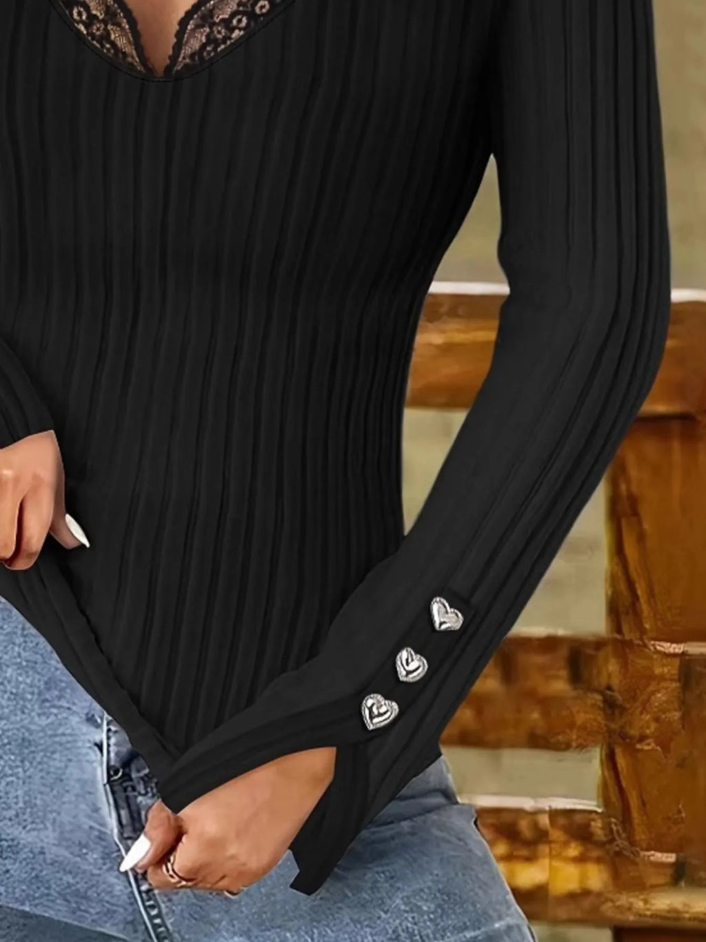 Full Size Ribbed V-neck Lace Trim Long Sleeve T-shirt Plus (6)