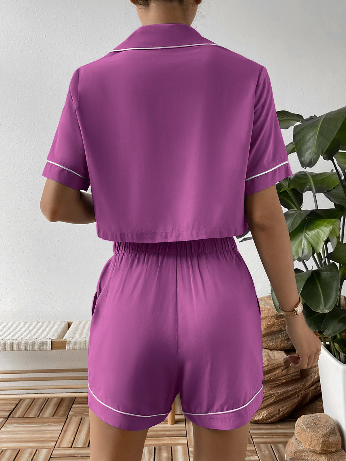 Contrast Lapel Collar Cropped Shirt Shorts Lounge Set (6)