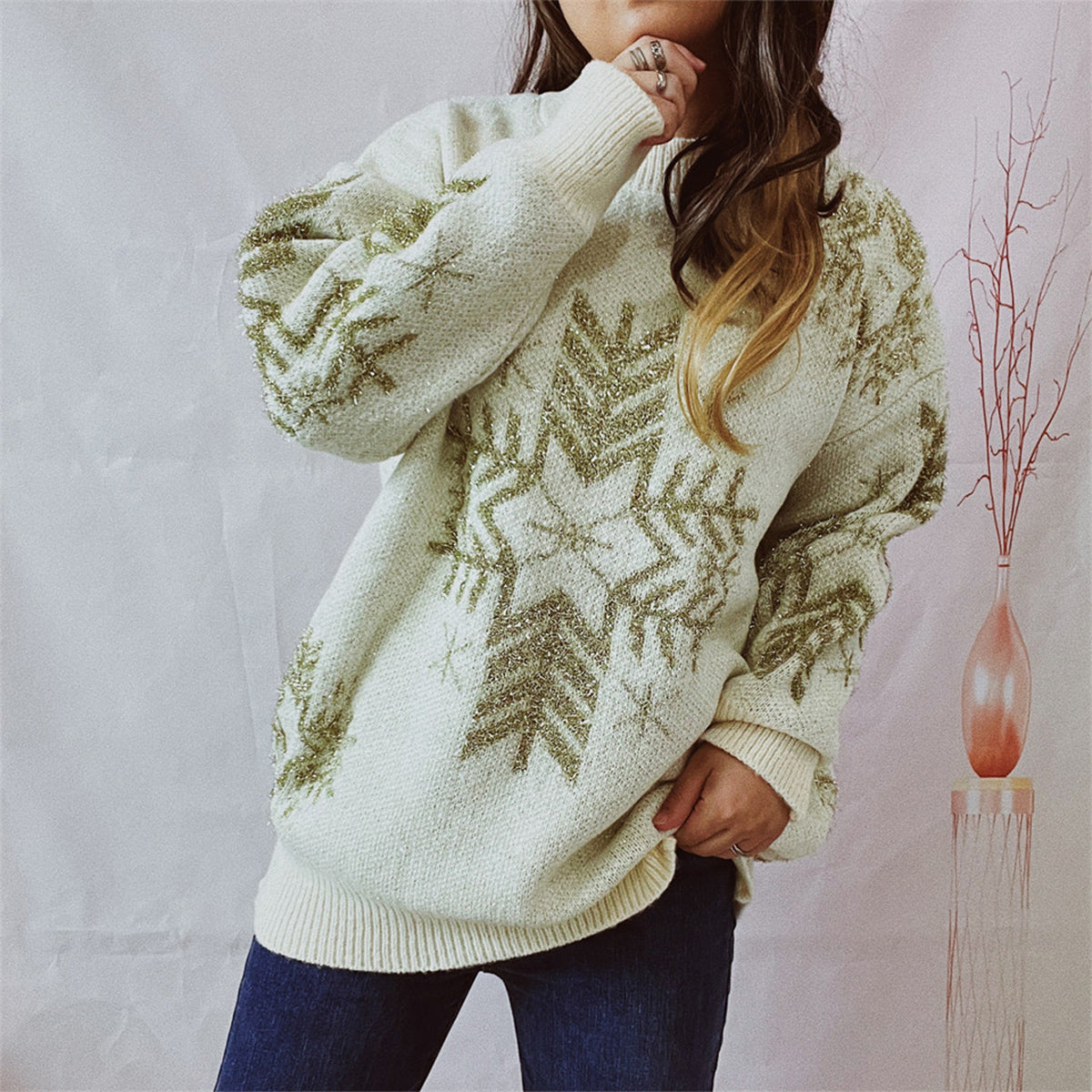 Snowflake Pattern Long Sleeve Sweater (8)