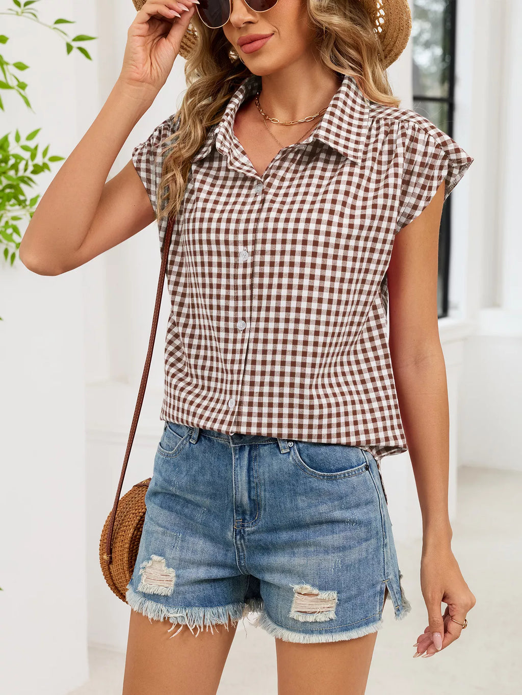 Plaid Button Up Cap Sleeve Shirt (21)