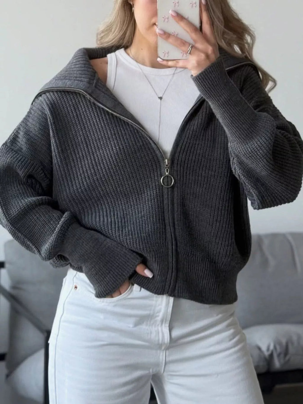 Zip Up Dropped Shoulder Cardigan (3)