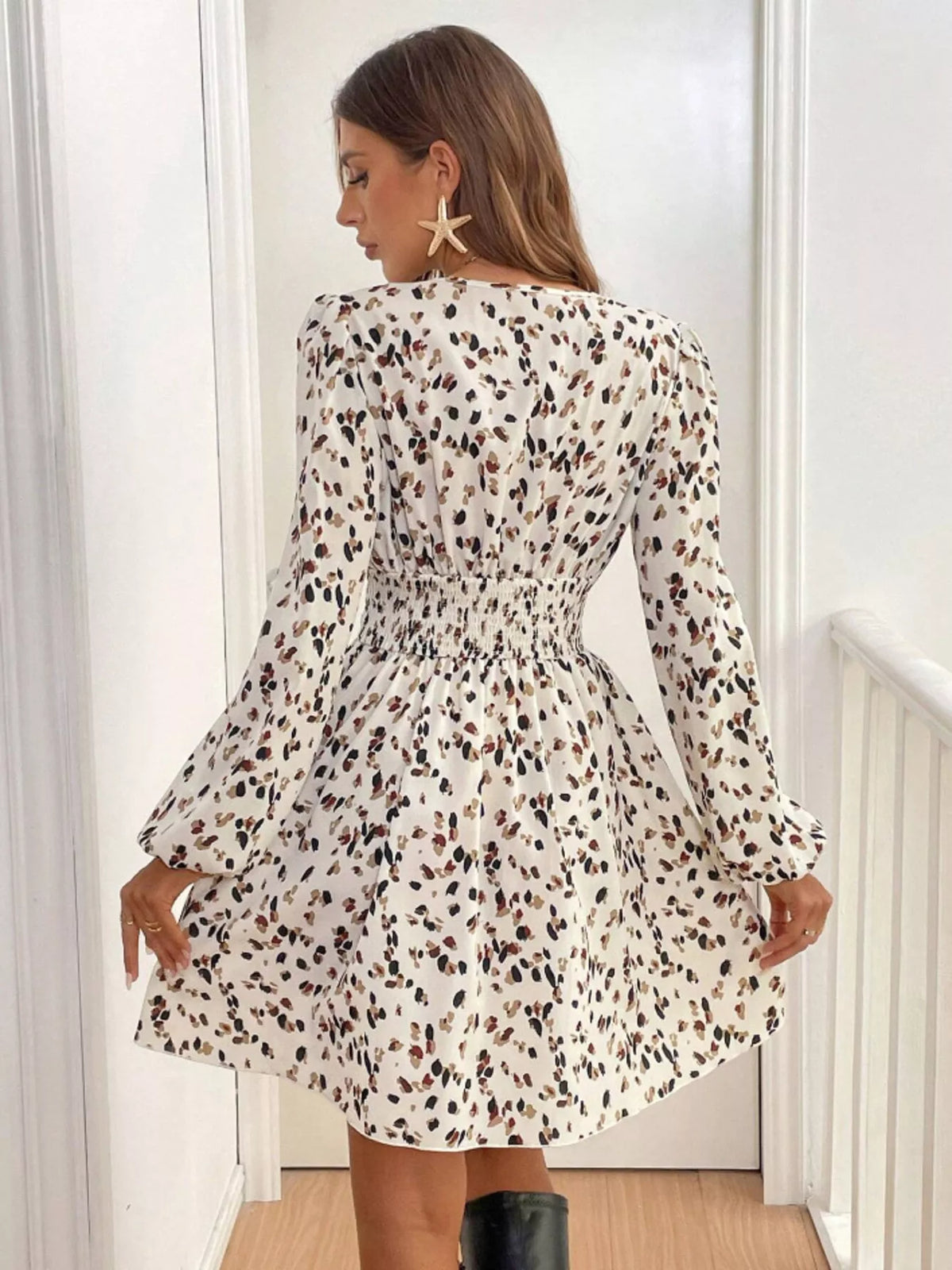 Printed Balloon Sleeve Mini Dress (10)