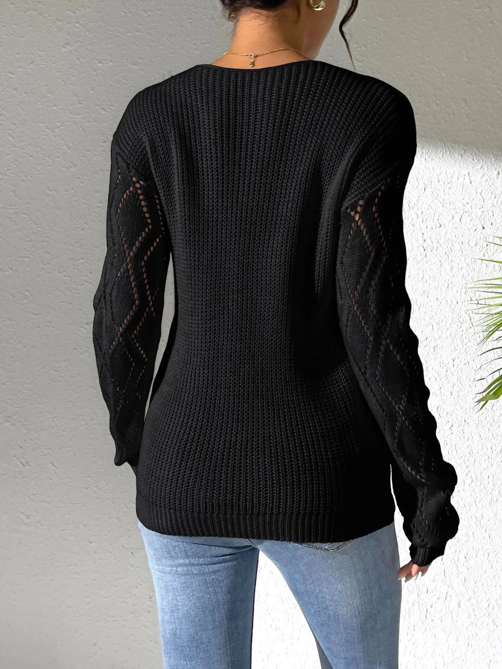 Openwork V-neck Long Sleeve Sweater (11)
