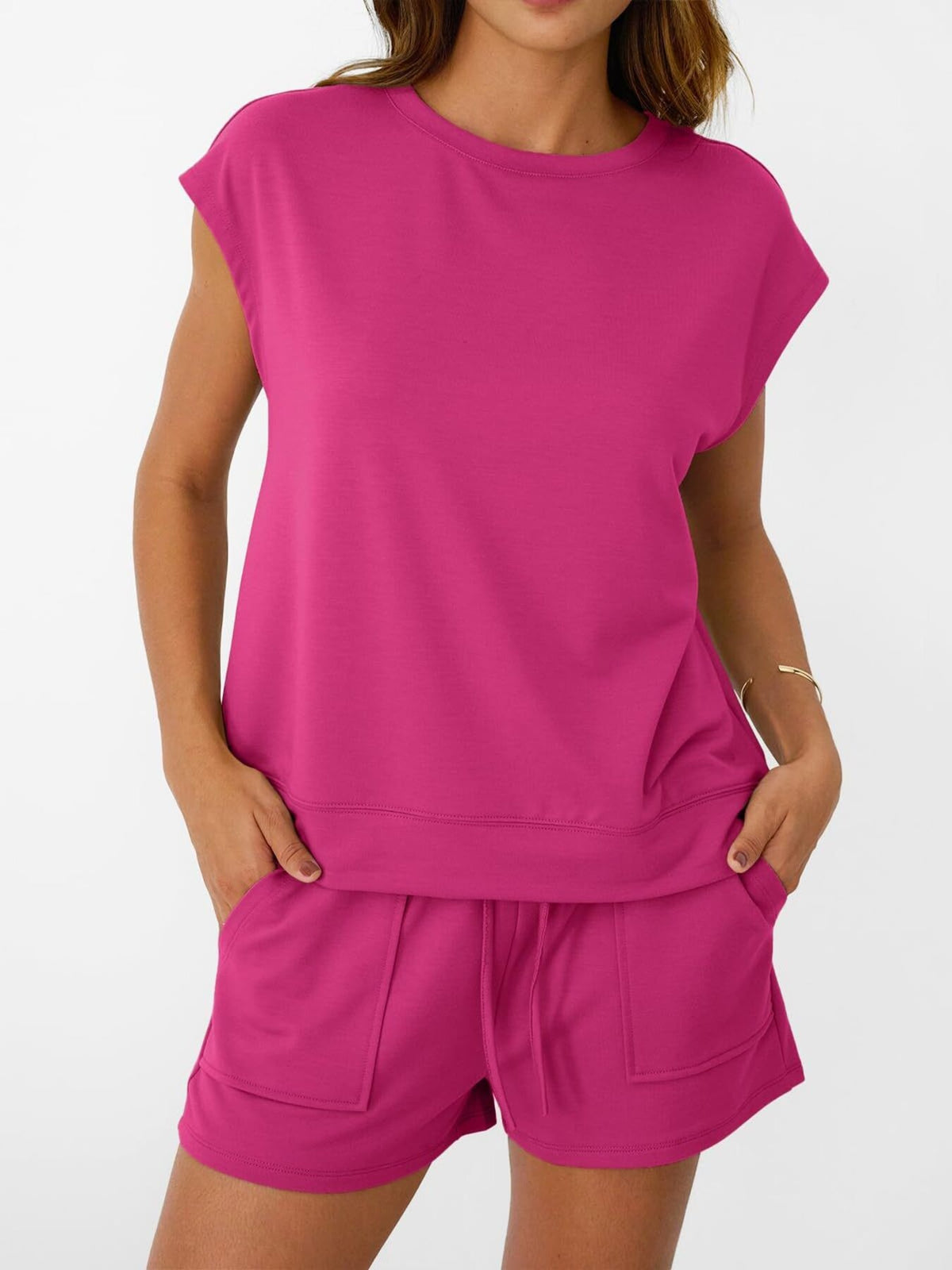 Round Neck Cap Sleeve Top Shorts Set (13)