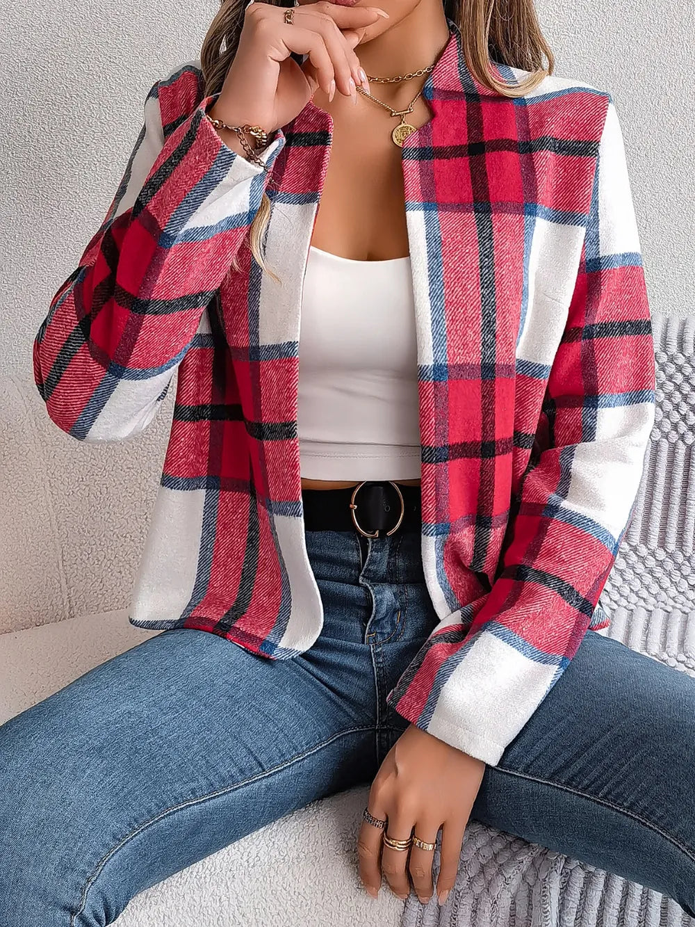 Plaid Open Front Long Sleeve Jacket (18)