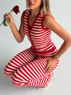 Striped Knit V-neck Button-up Sleeveless Top Flare Pants Set (19)