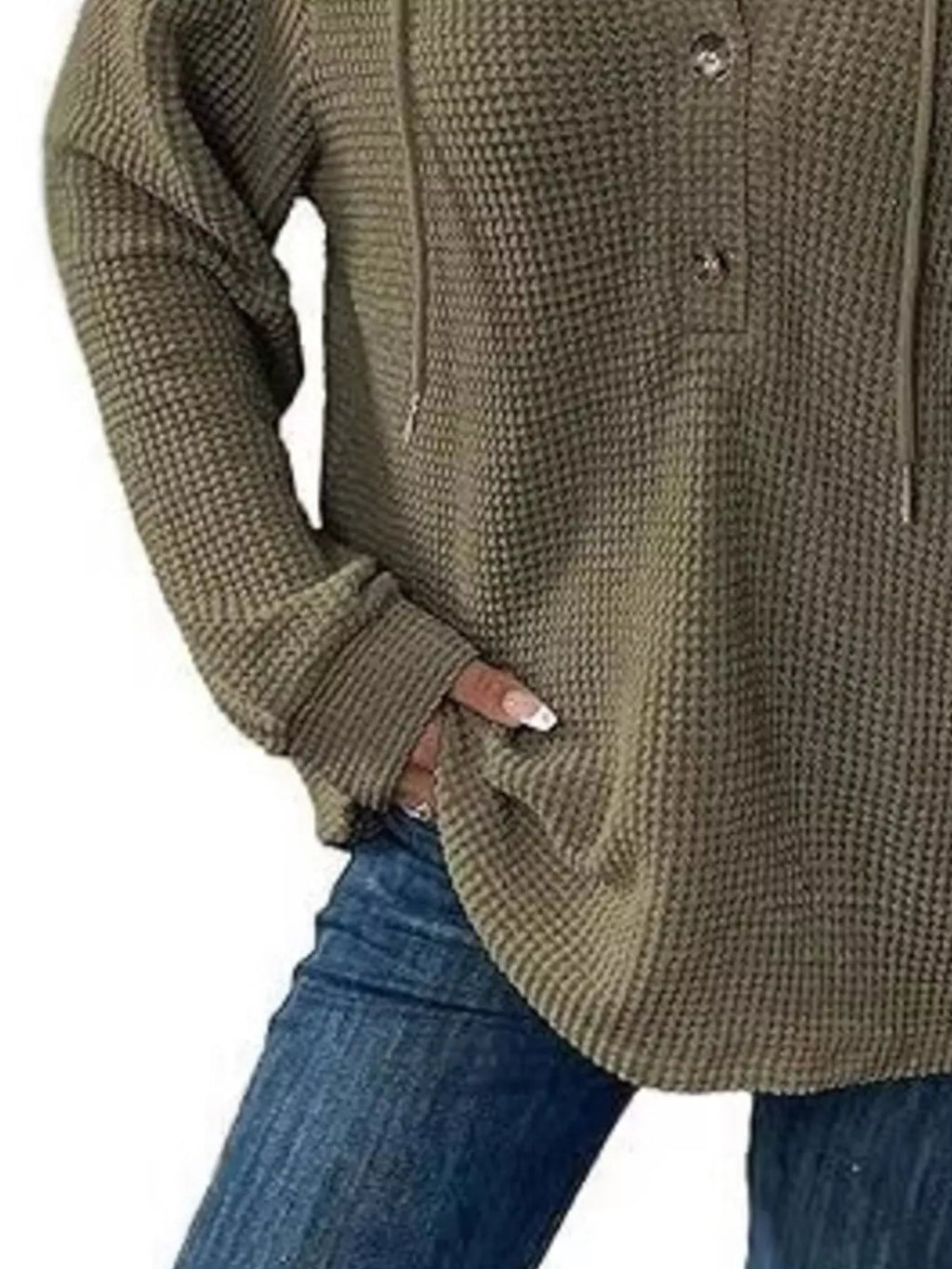 Full Size Button Detail Waffle Knit Hoodie Plus (21)