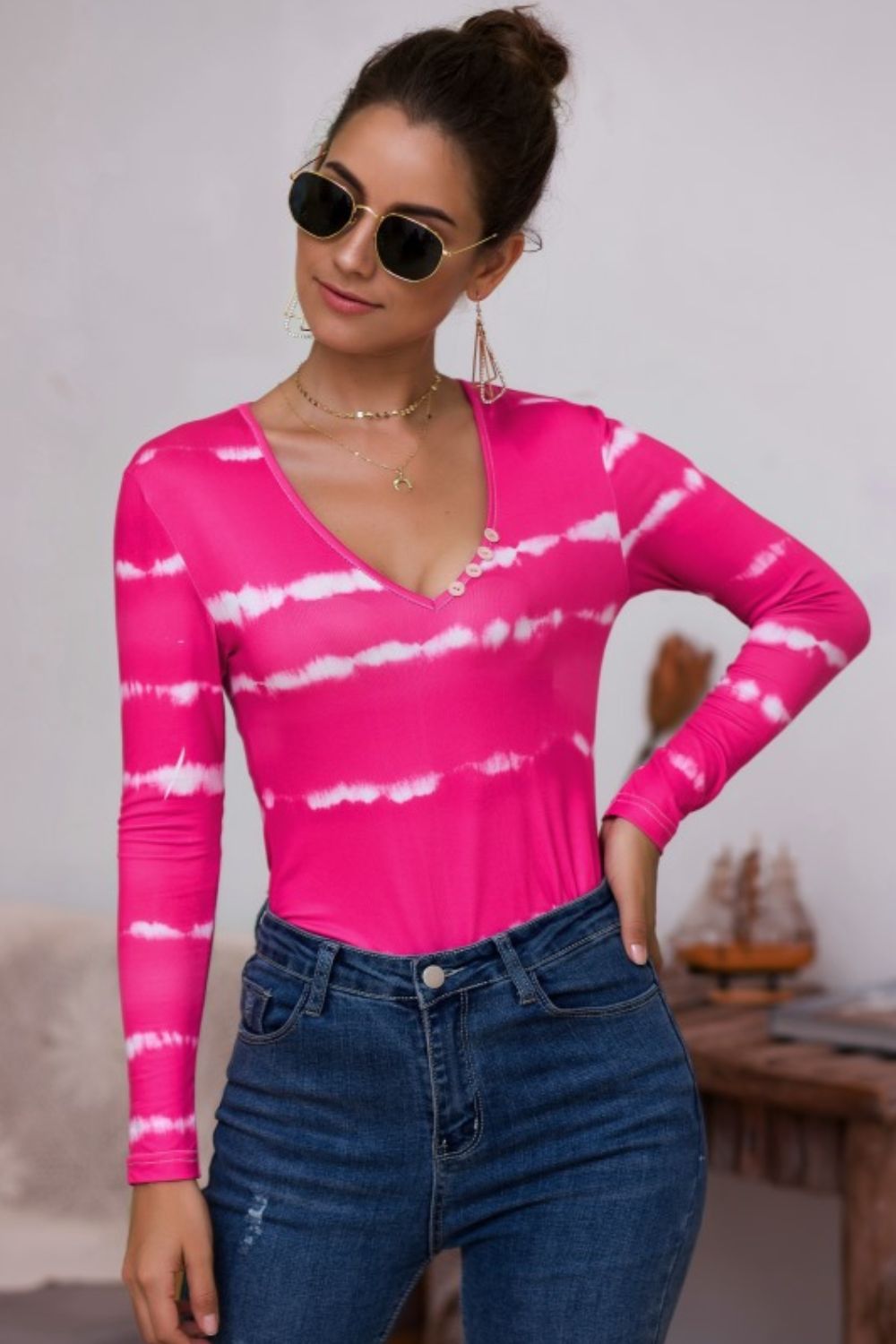 Tie-dye Plunge Long Sleeve Top (4)