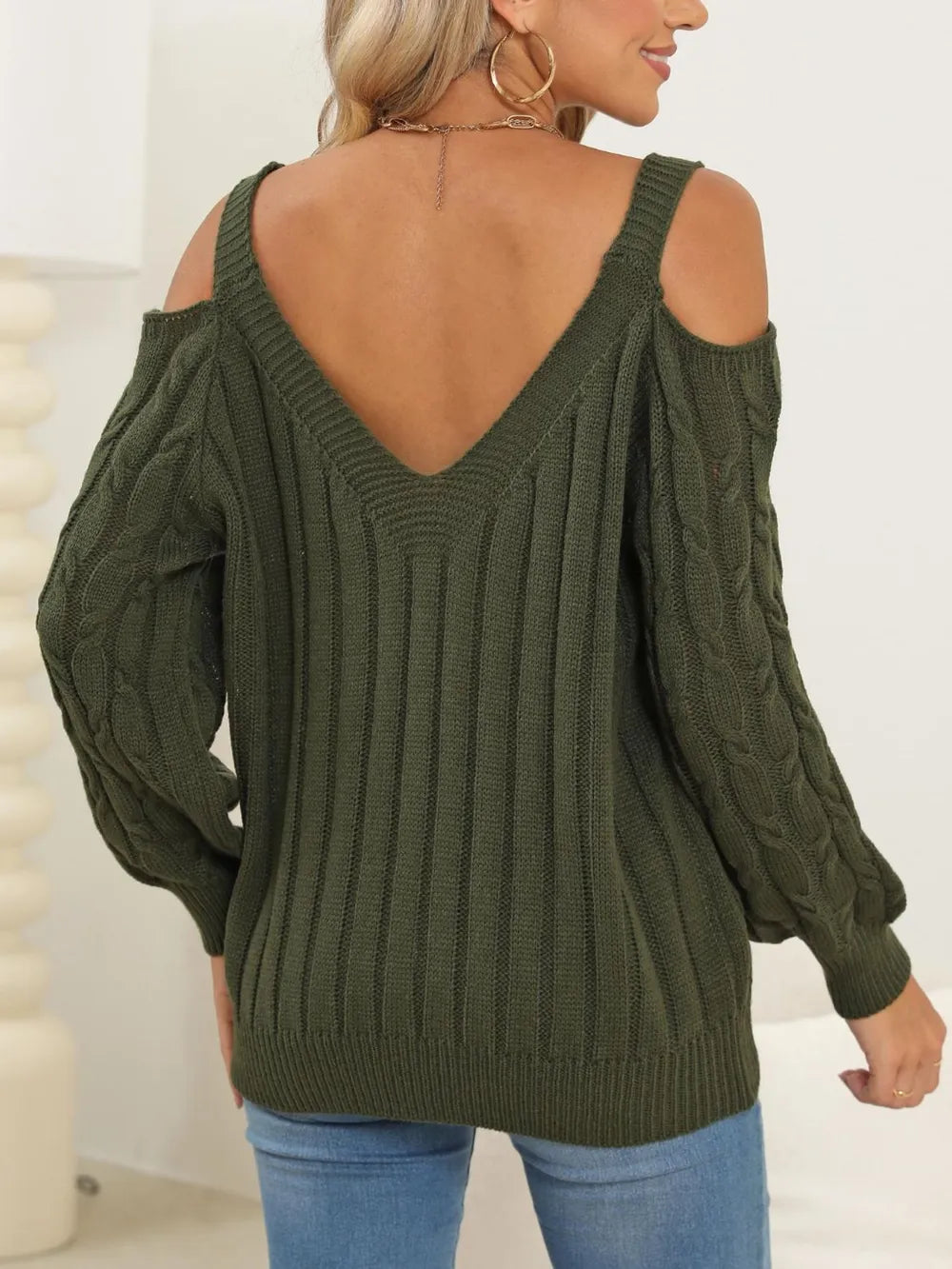 Cable-knit Heart V-neck Sweater (2)
