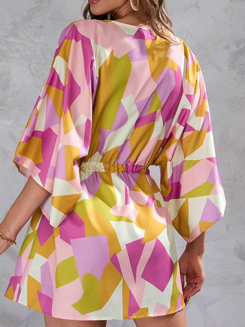 Block Drawstring Waist Button Up Dress (2)