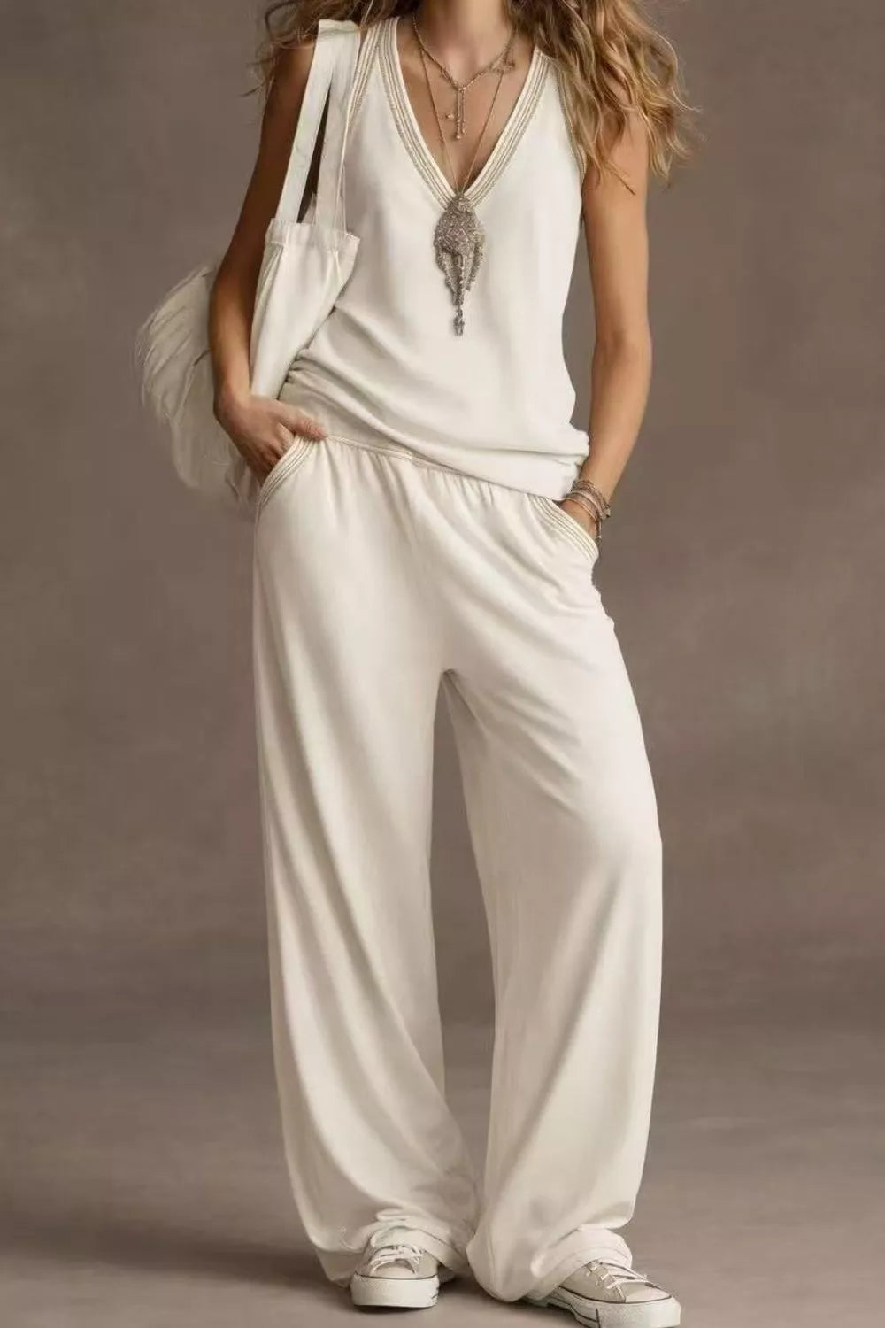 V-neck Tank Wide Leg Pants Set