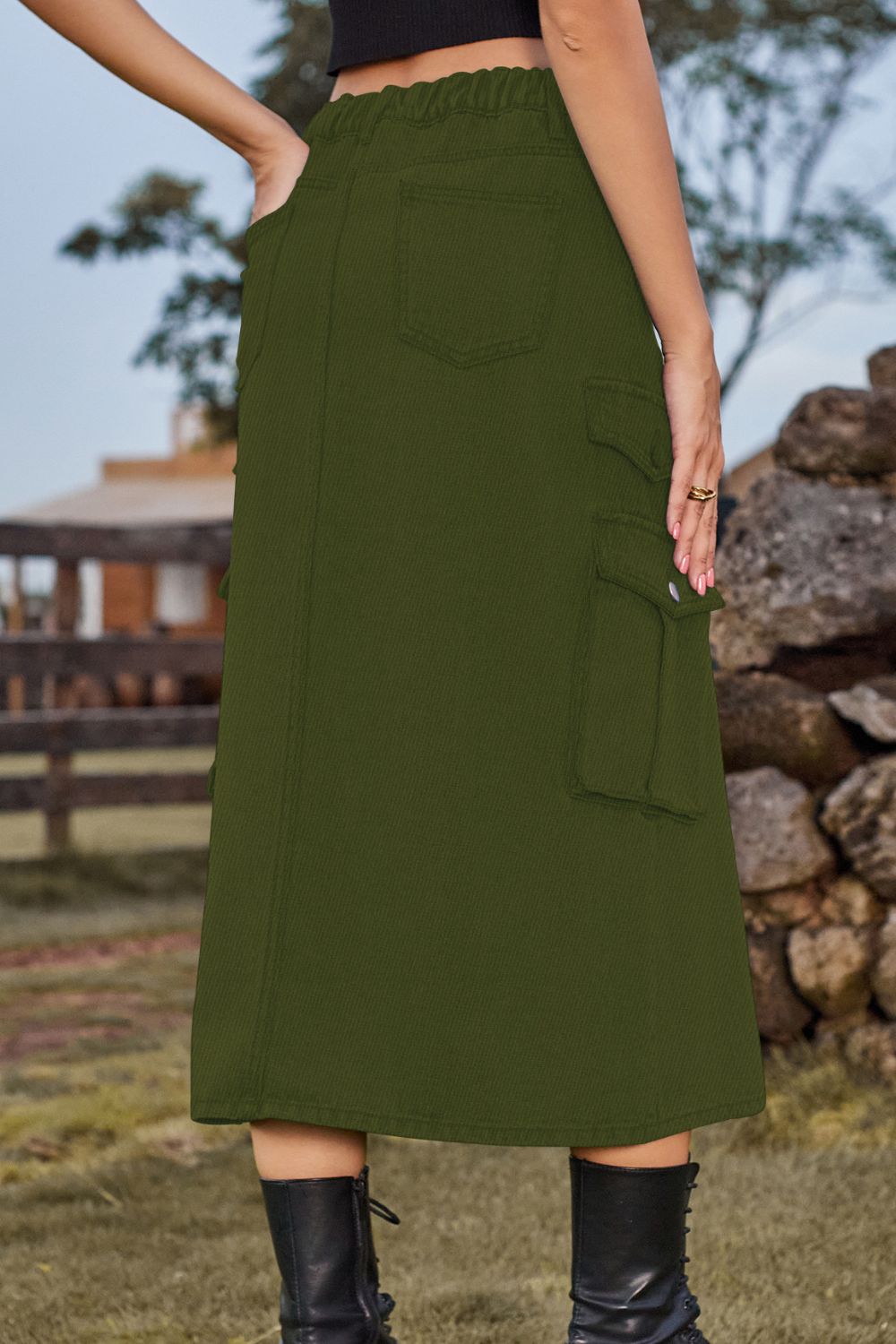 Slit Front Midi Denim Skirt Pockets (11)