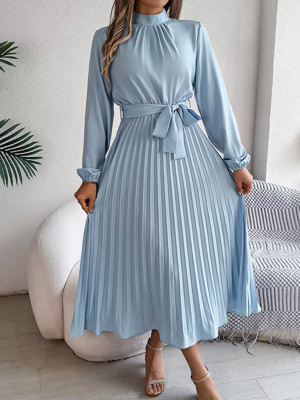 Mock Neck Pleated Midi Dress (8)
