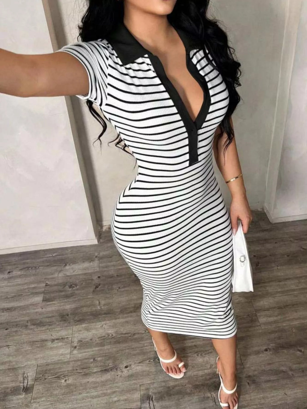 Striped Polo Collar Midi Dress (12)