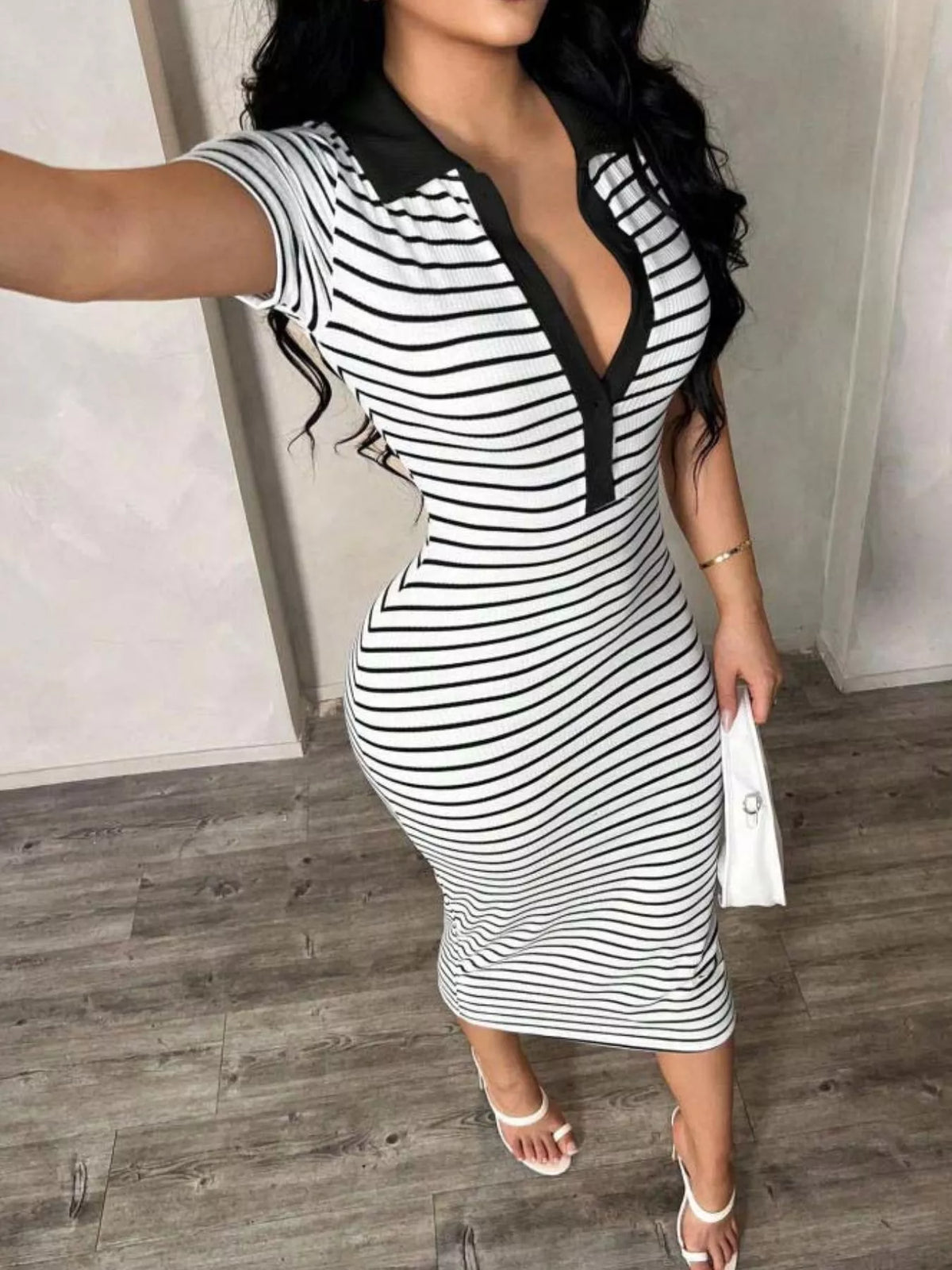 Striped Polo Collar Midi Dress (12)
