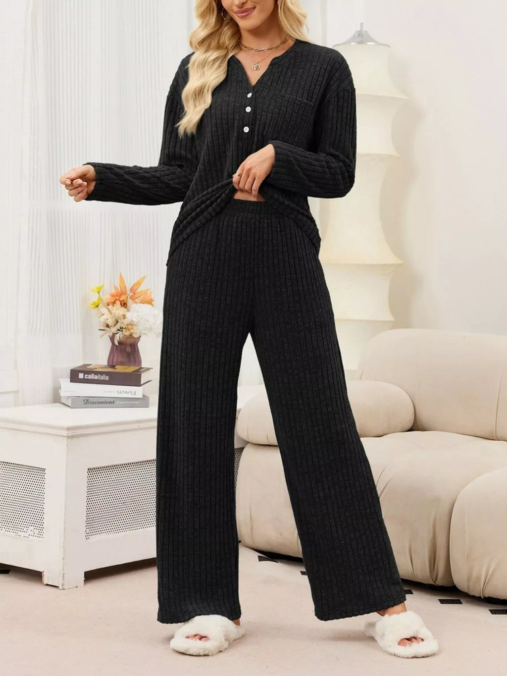 Ribbed Knit Top Wide-leg Pants Set (11)