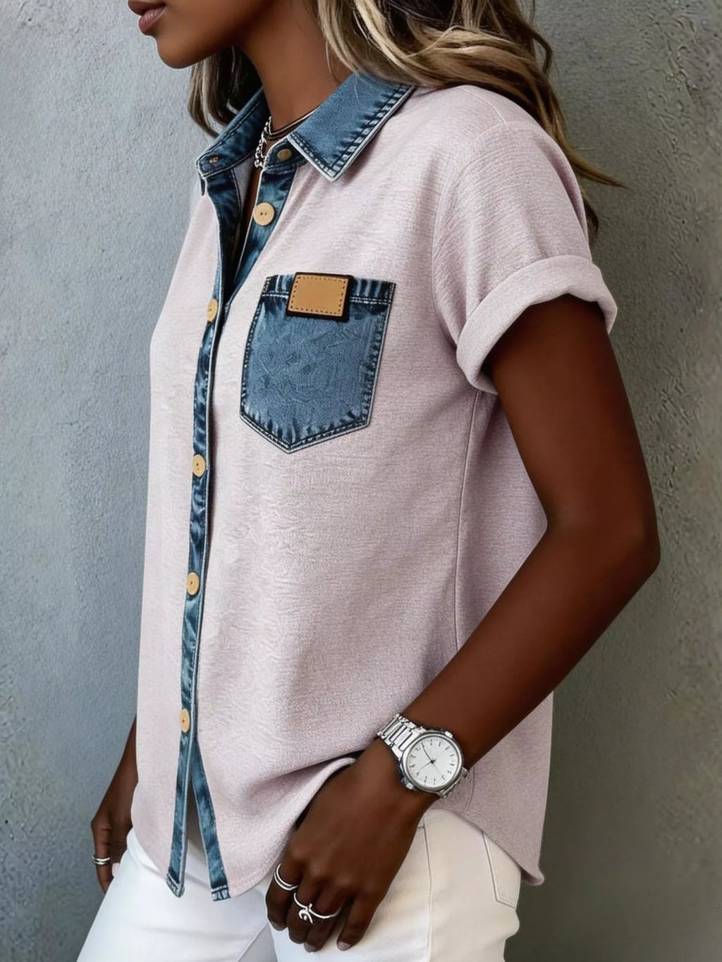Denim Trim Short Sleeve Shirt (8)